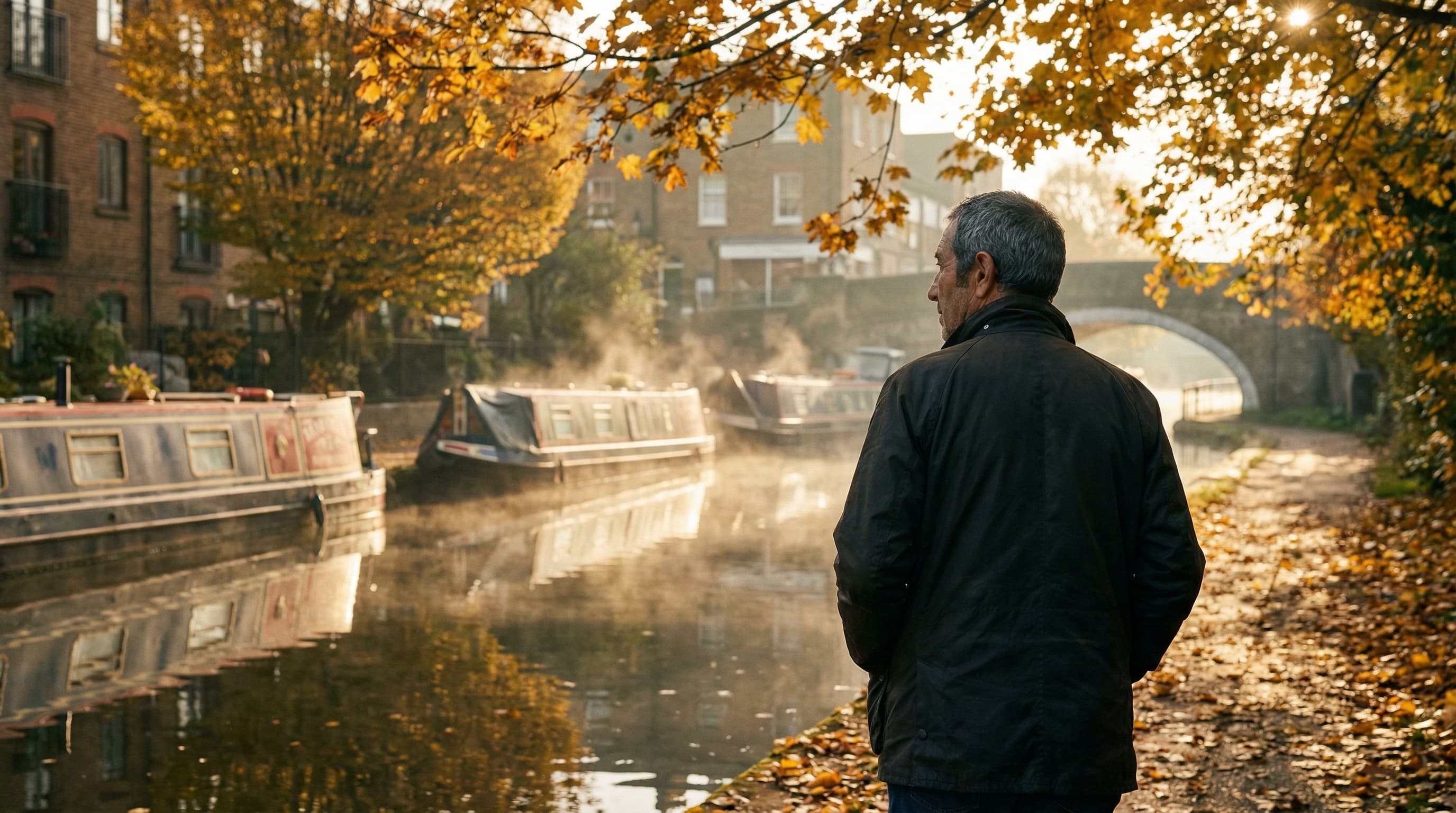 Alfonso walking along Regent's Canal at dawn, east London
